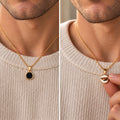 Gold heat-reveal pet photo necklace shown before and after a warm touch