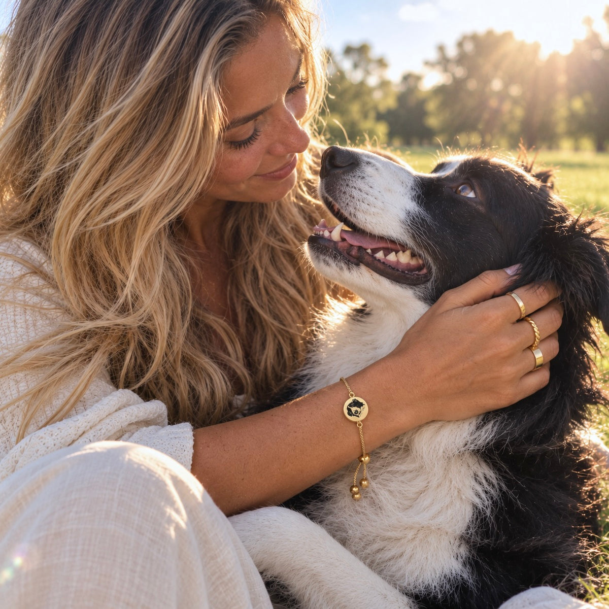 Woman holding a black and white dog while wearing a gold custom pet portrait bracelet