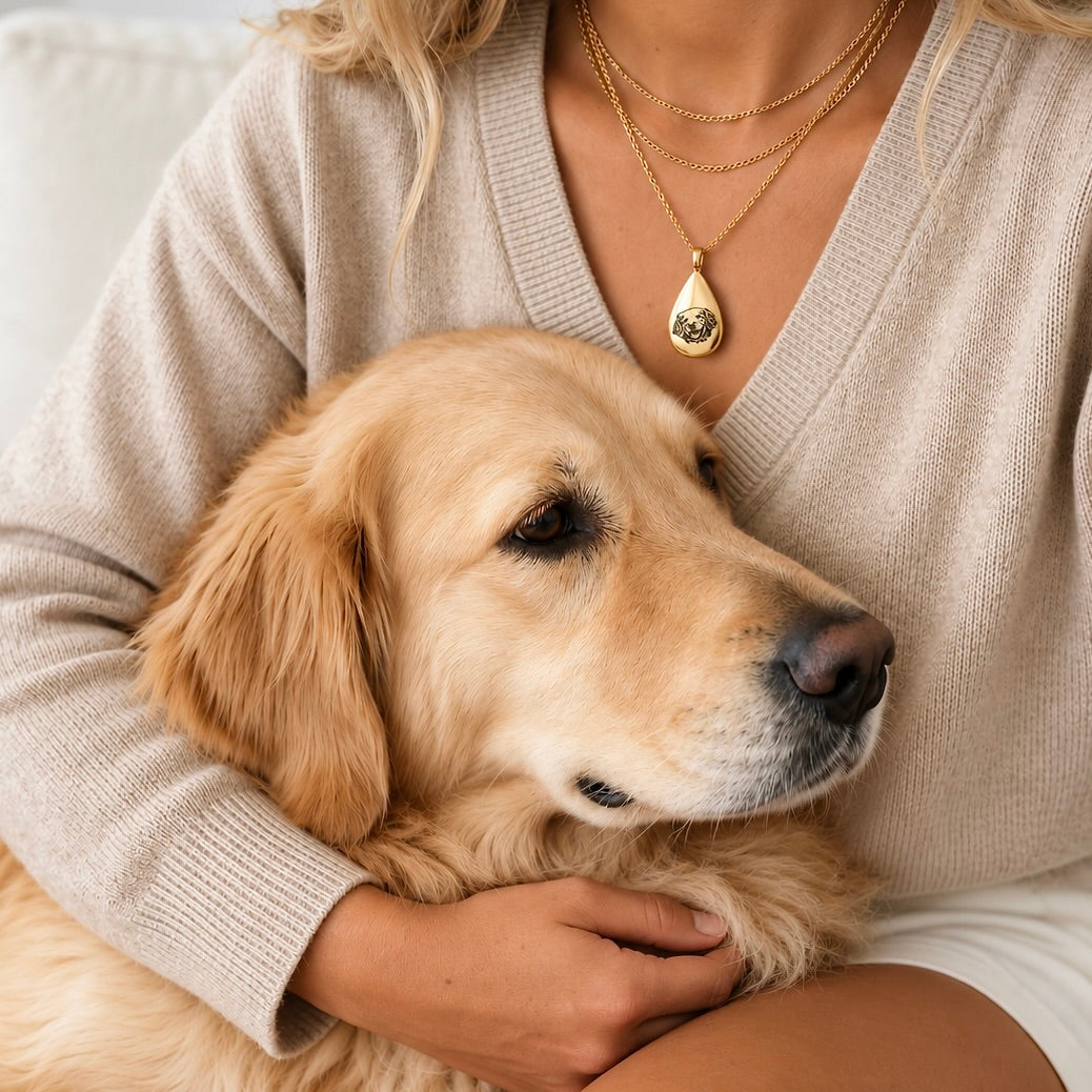 Woman wearing a gold teardrop pet urn necklace engraved with a dog portrait while hugging a Golden Retriever