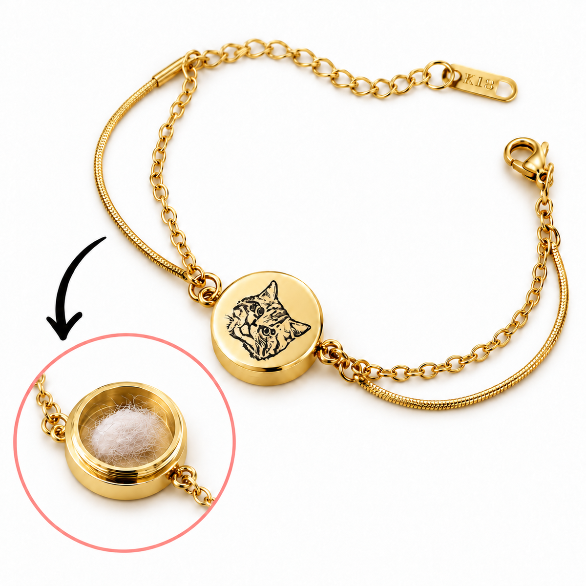 Gold double-chain cat memorial bracelet with an inset view of the fur keepsake compartment