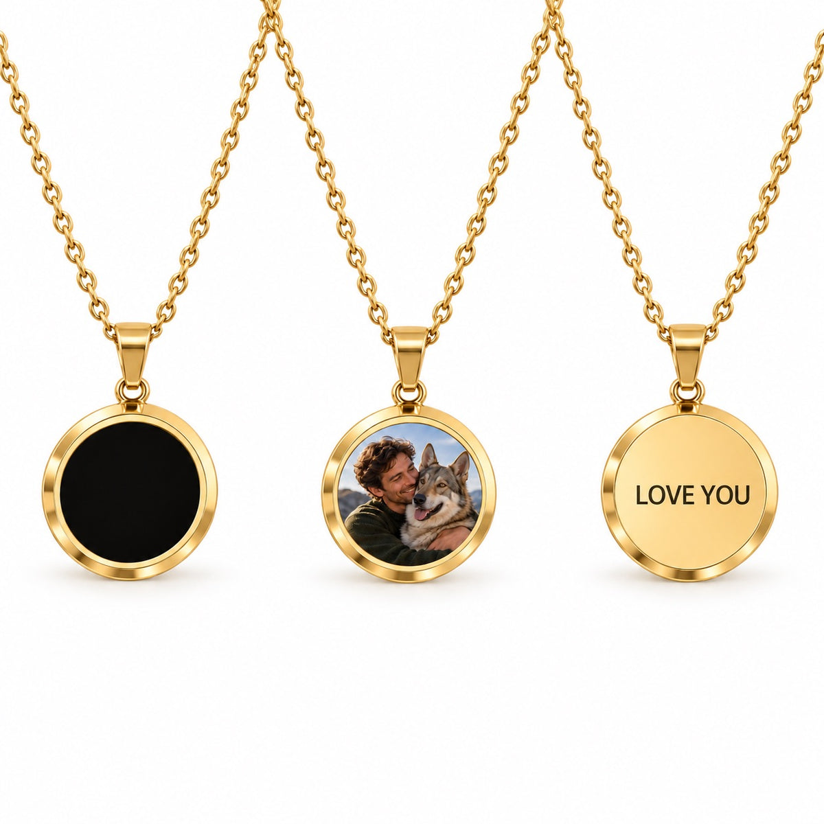 Gold custom heat-reveal photo necklace shown black, displaying a pet photo and engraved on the back