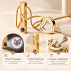 Infographic showing three features of a gold memorial projection necklace: photo projection stone with cat image, custom engraved bar, and an openable heart compartment holding pet hair