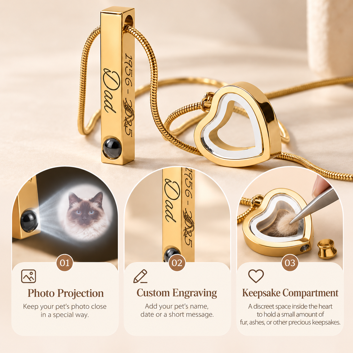 Infographic showing three features of a gold memorial projection necklace: photo projection stone with cat image, custom engraved bar, and an openable heart compartment holding pet hair