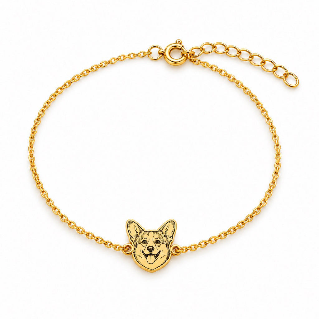 Gold-tone chain bracelet with a custom Corgi portrait charm and extension chain