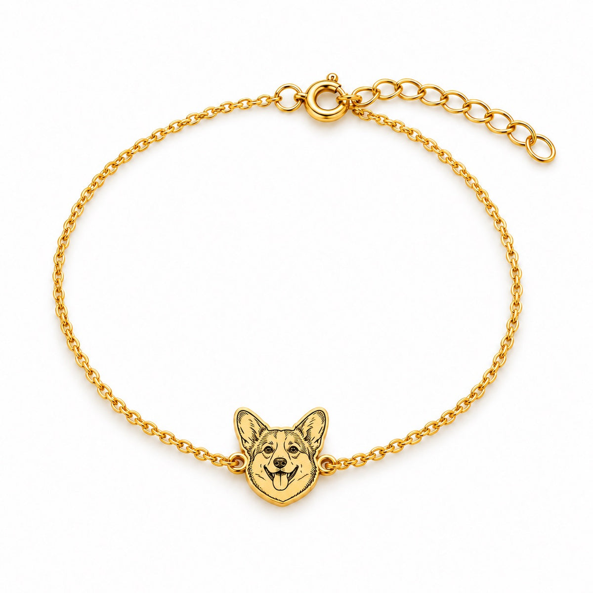 Gold-tone chain bracelet with a custom Corgi portrait charm and extension chain