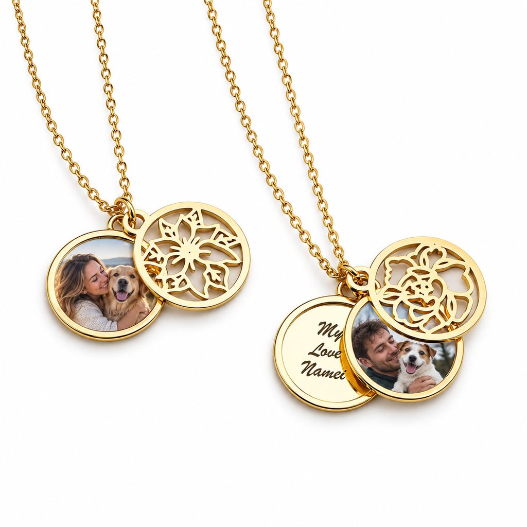 Two gold-tone personalized flower necklaces with pet photos and engraved message discs