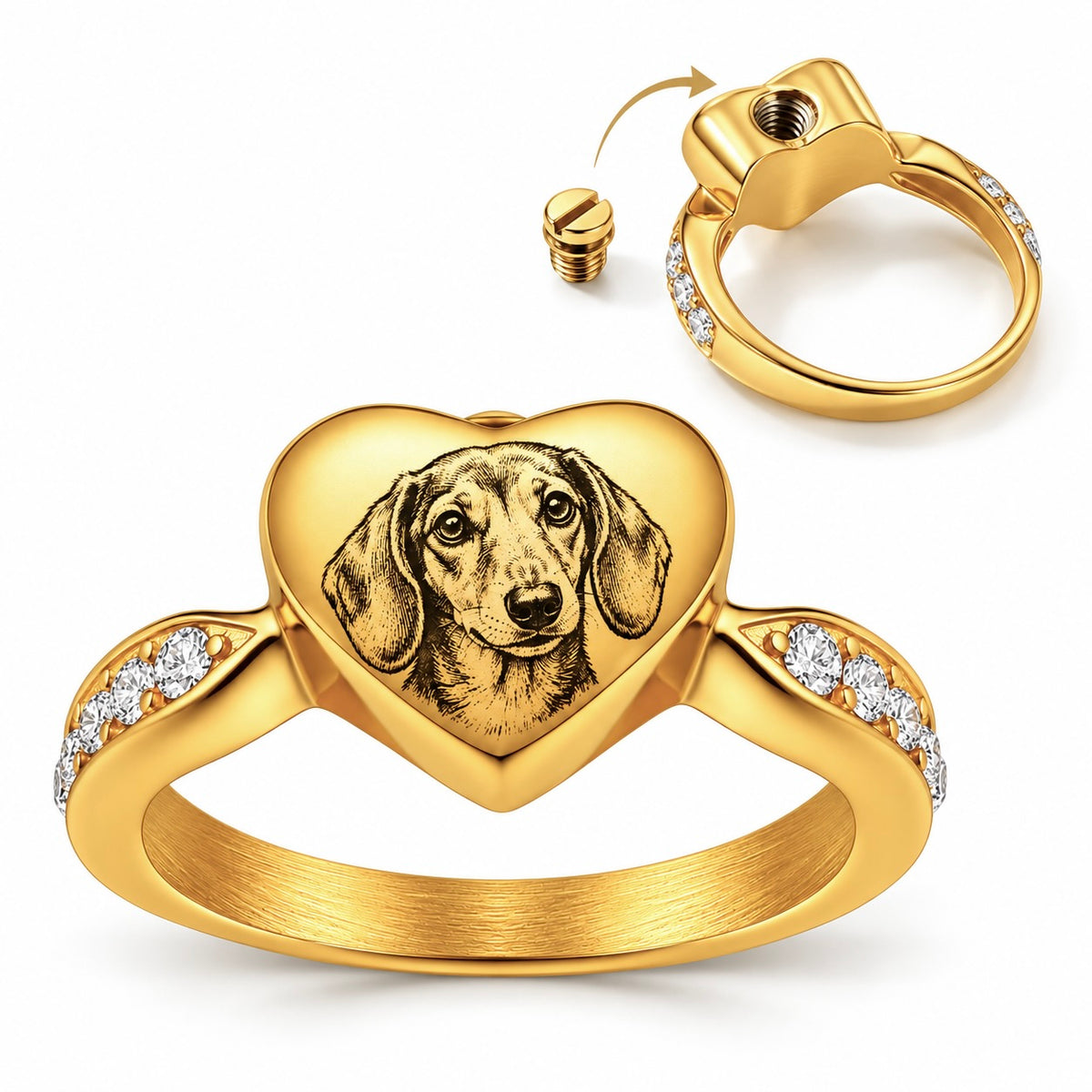 Gold heart-shaped pet photo memorial ring with the screw-secured ashes chamber open