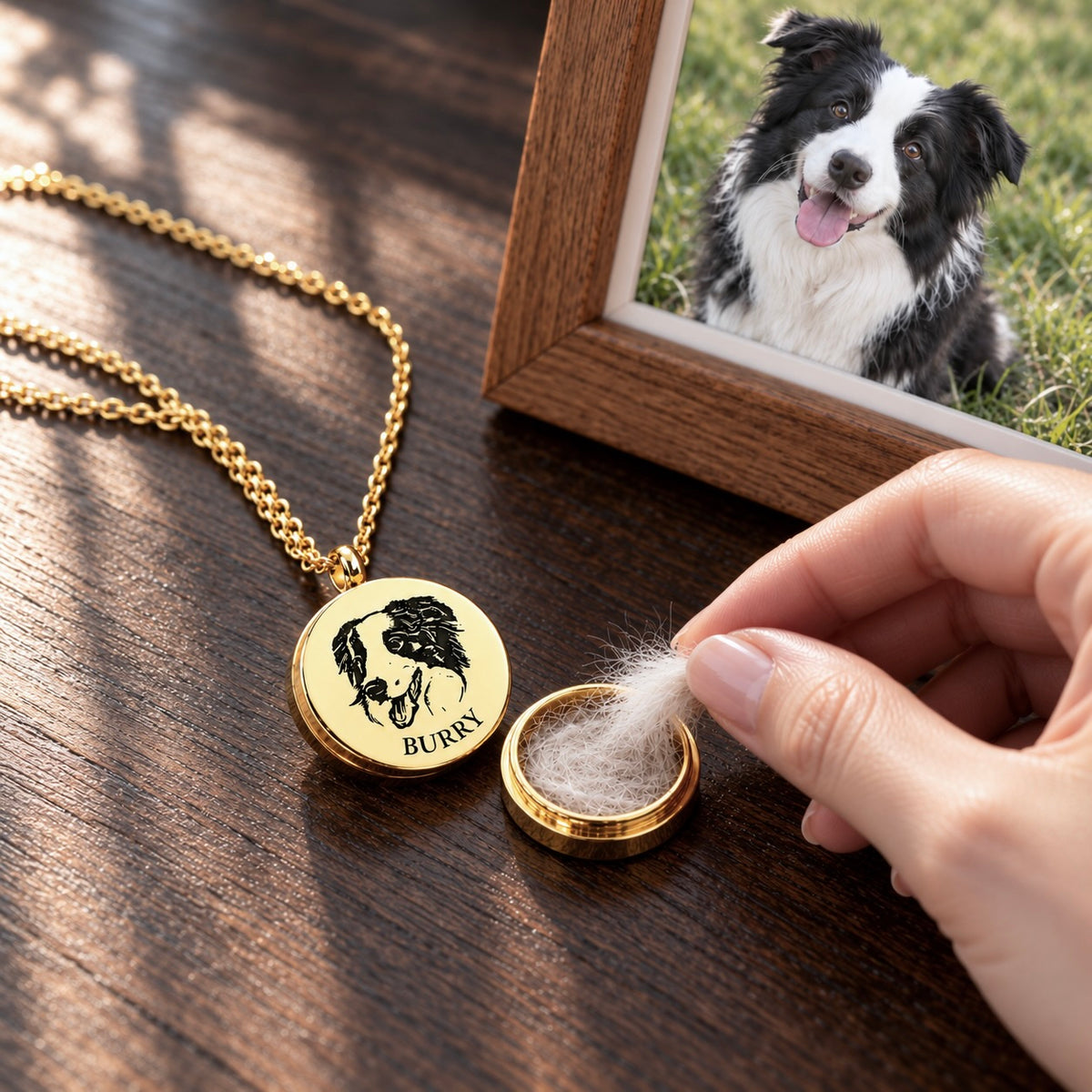 Hand placing a clipping of pet fur into a custom gold dog portrait memorial locket next to a framed photo of a dog