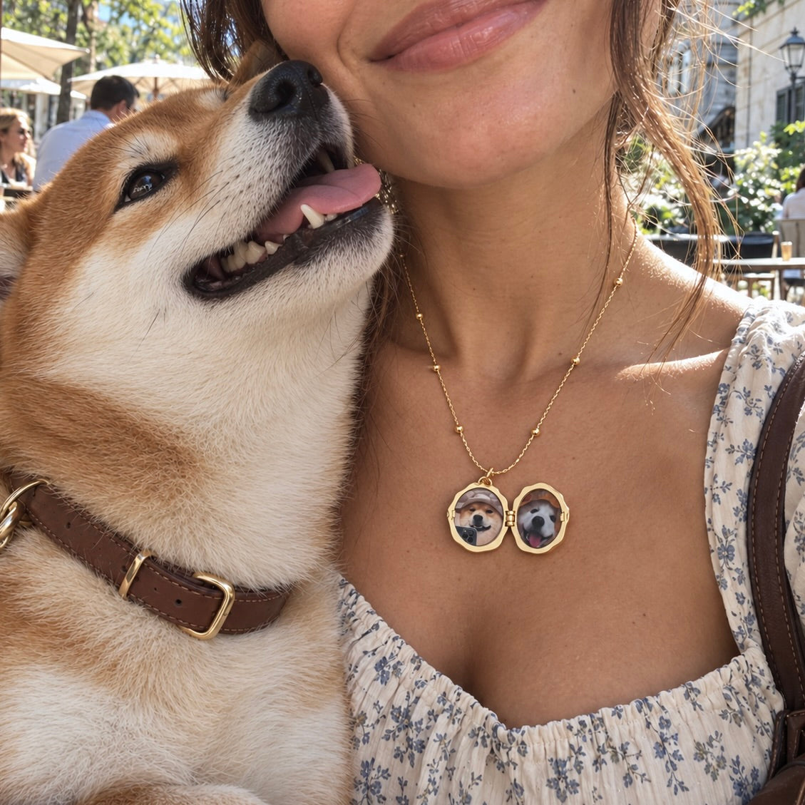 Model holding a tabby cat while wearing an open gold personalized pet photo locket necklace with printed pictures inside, styled with layered chains