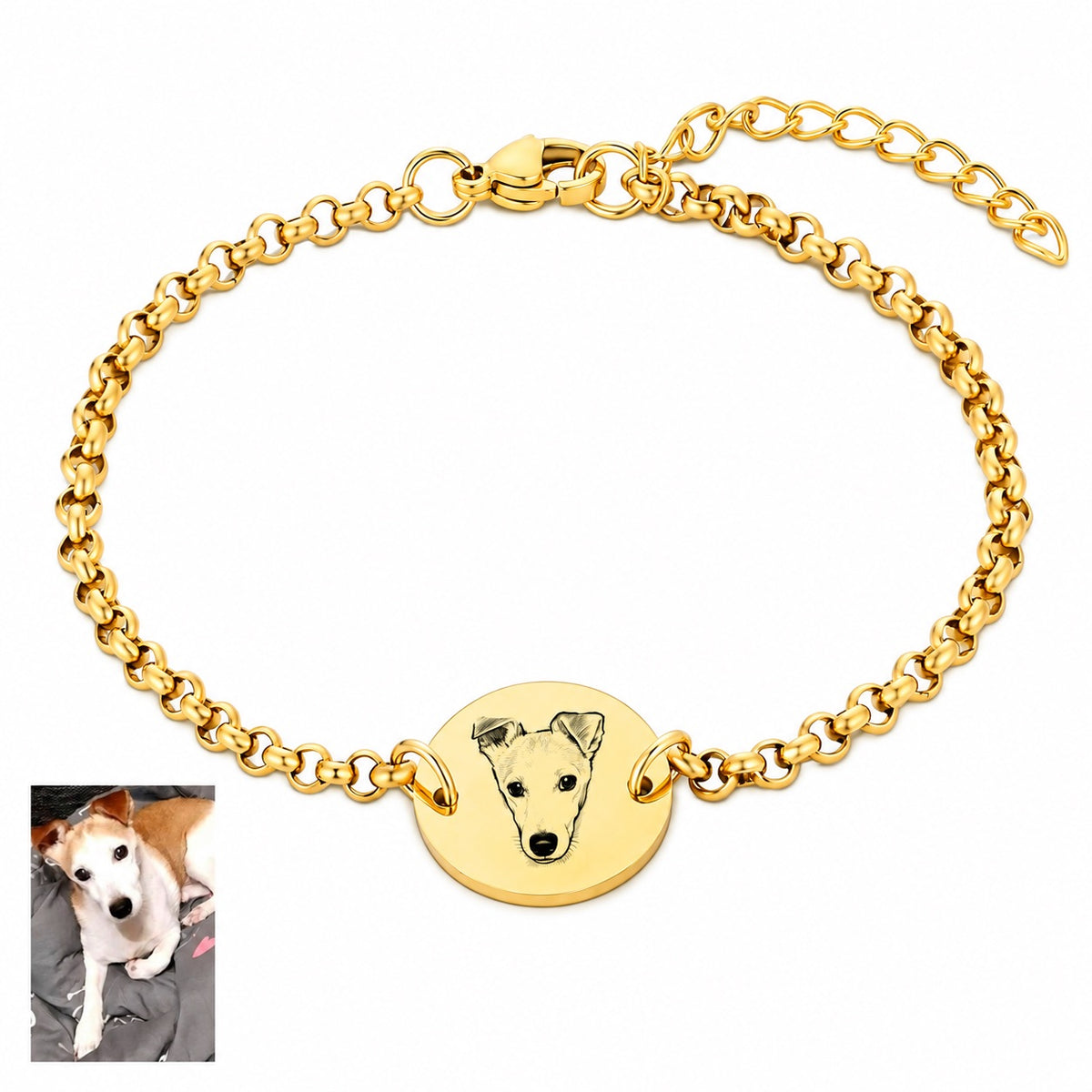 Gold-tone round charm bracelet engraved with a custom dog portrait beside the original pet photo