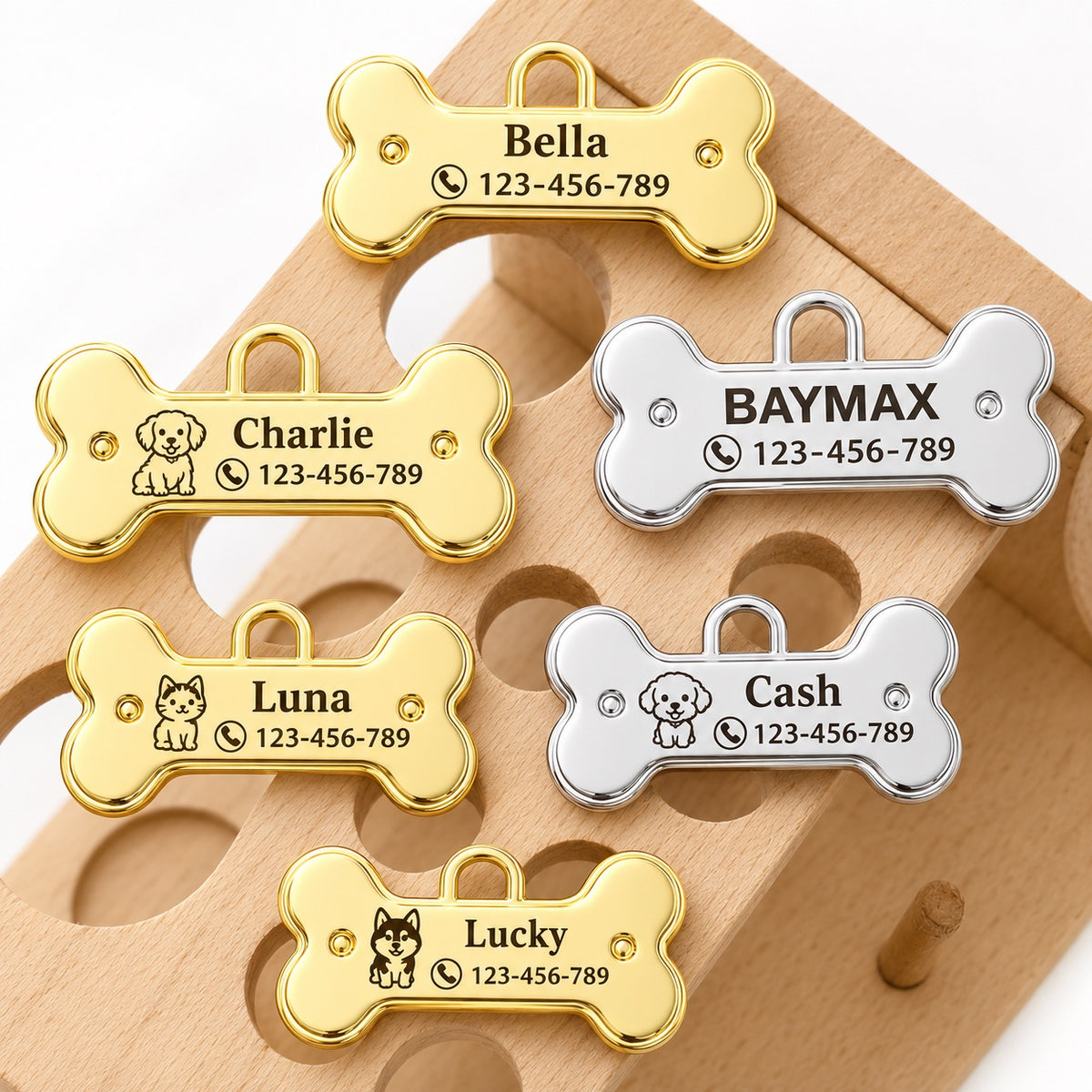 Gold and silver bone pet ID tags personalized with pet icons, names and phone numbers