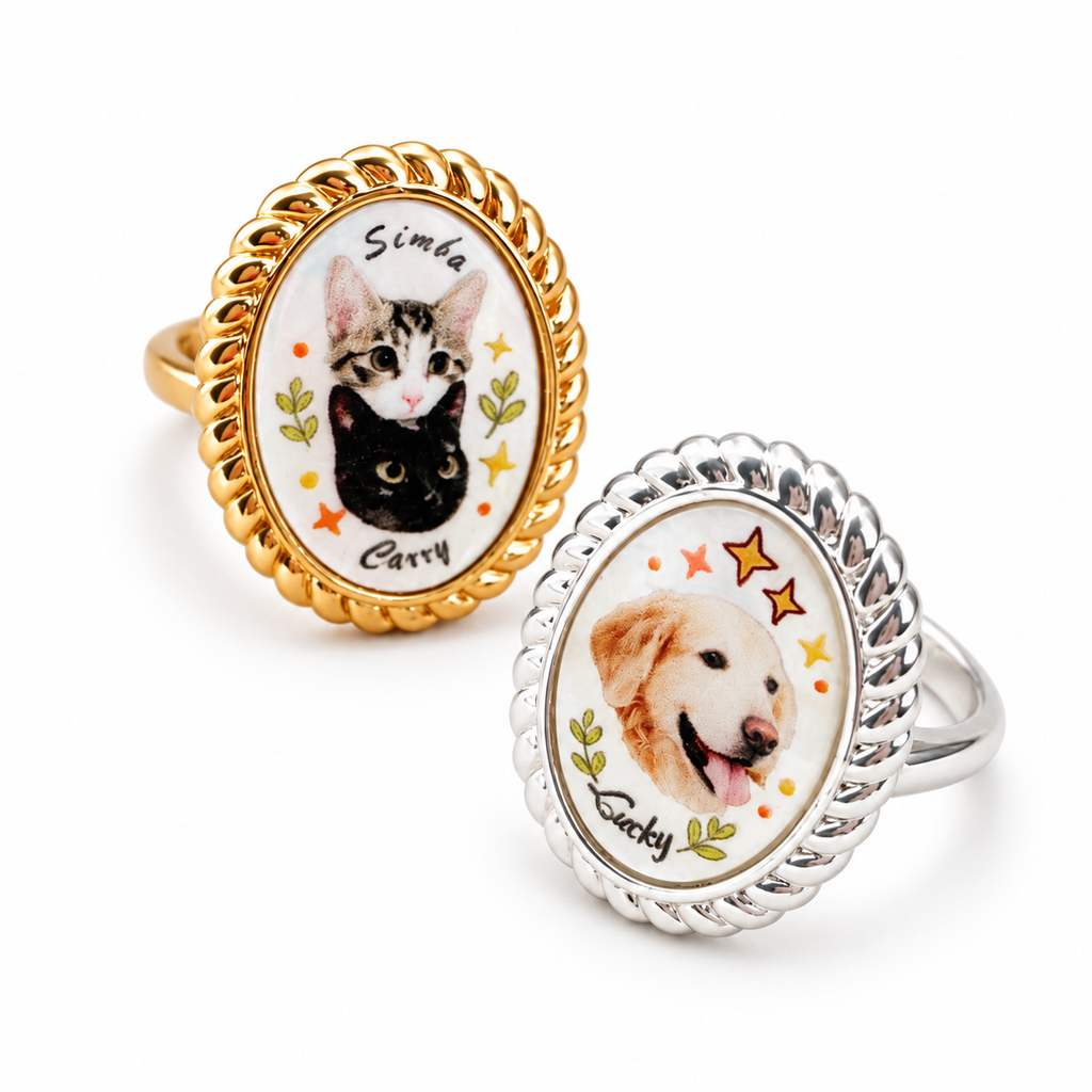 Gold and silver adjustable mother-of-pearl rings customized with cat and dog portraits