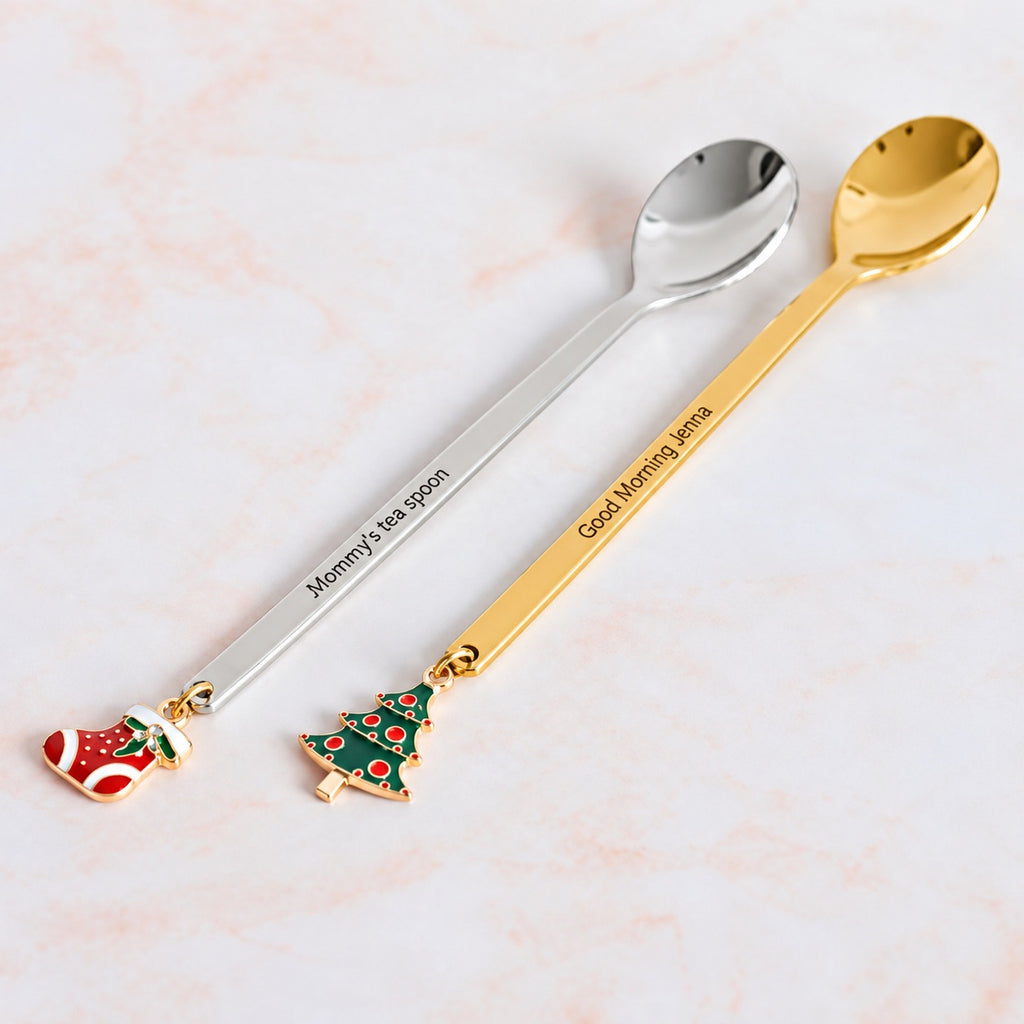 Gold-tone Christmas tree spoon and silver-tone stocking spoon personalized with custom text