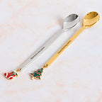 Gold-tone Christmas tree spoon and silver-tone stocking spoon personalized with custom text