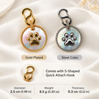 Gold and silver mother-of-pearl dog tags with S-shaped hooks and size, weight and thickness details