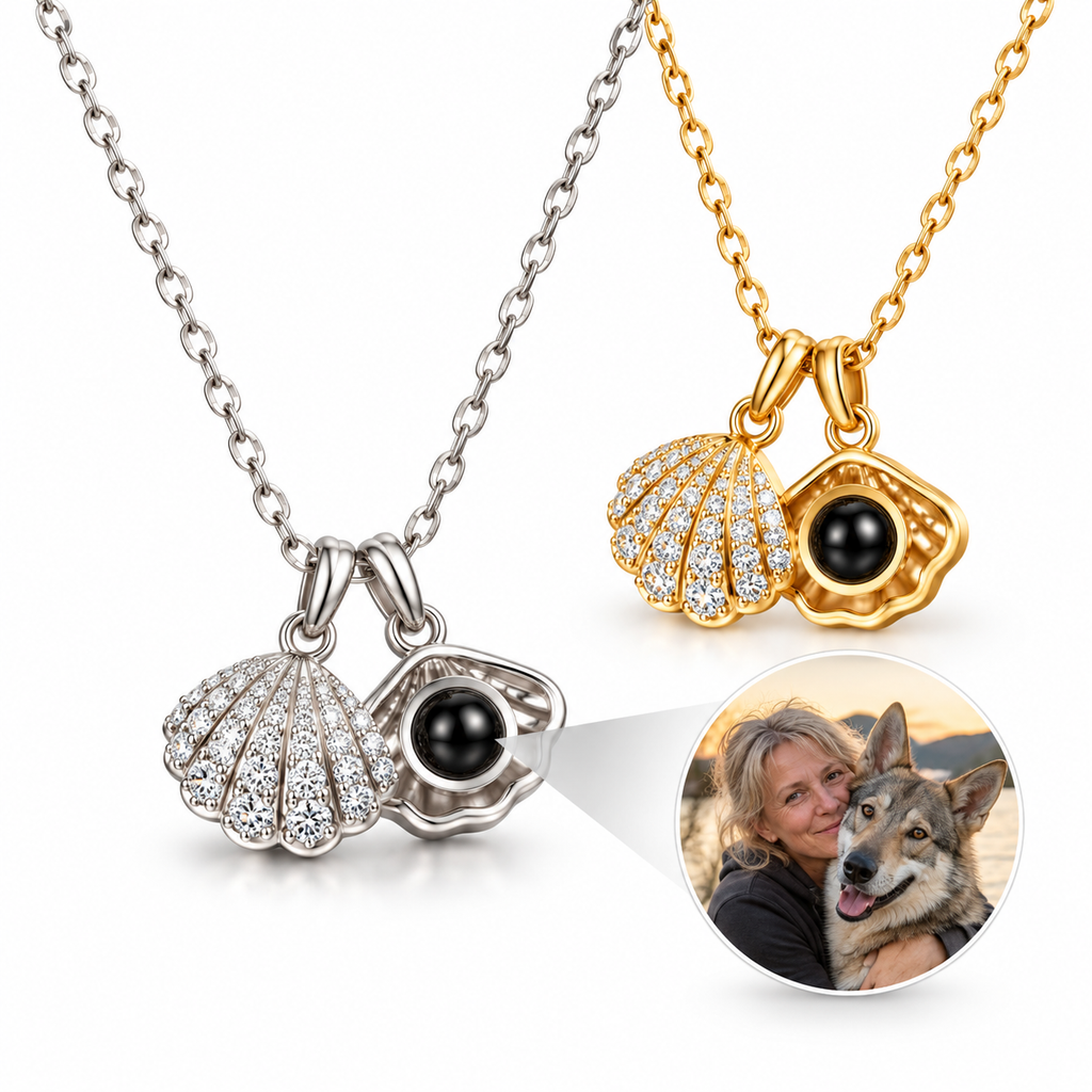 Gold-tone and silver-tone shell projection necklaces showing a custom pet photo inside the center stone