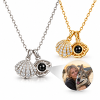Gold-tone and silver-tone shell projection necklaces showing a custom pet photo inside the center stone