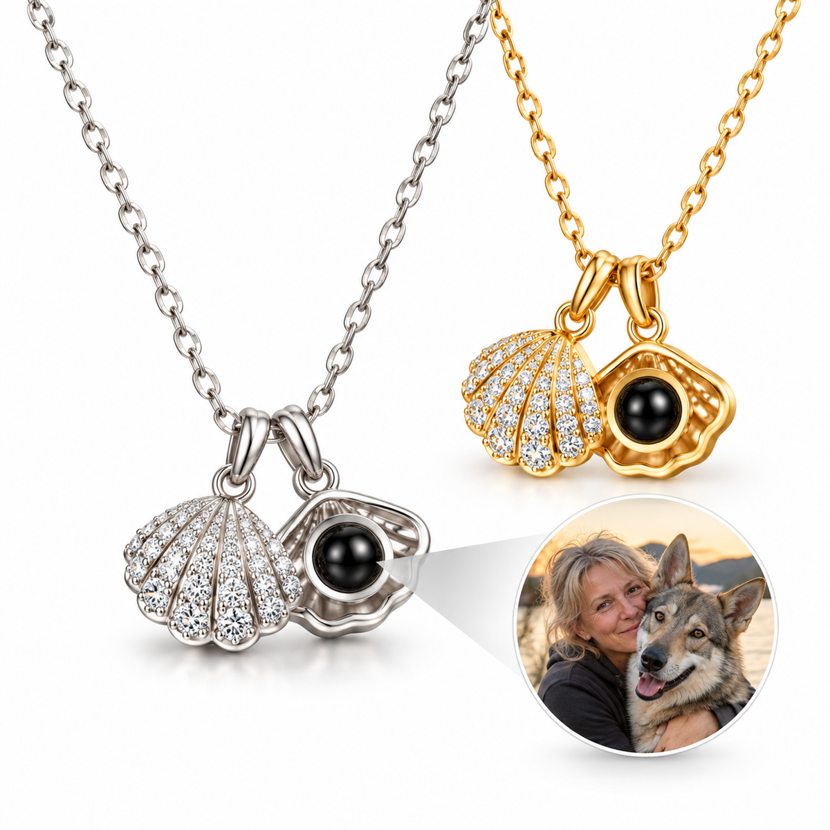 Gold-tone and silver-tone shell projection necklaces showing a custom pet photo inside the center stone