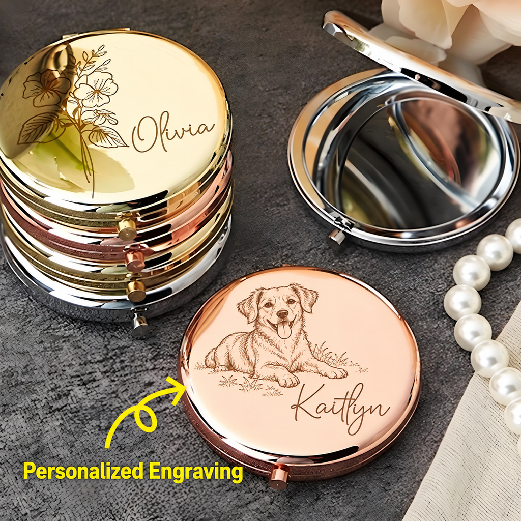 Gold-tone, silver-tone and rose gold-tone compact mirrors personalized with floral and dog portrait designs