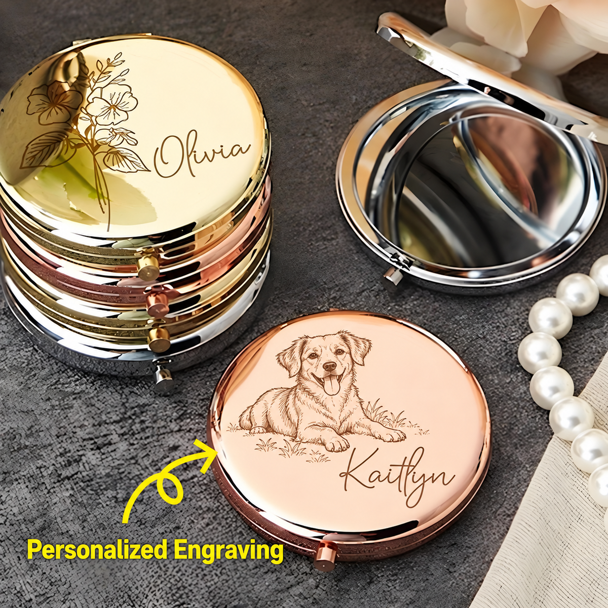Gold-tone, silver-tone and rose gold-tone compact mirrors personalized with floral and dog portrait designs