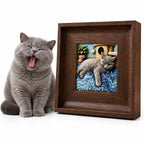 Gray cat beside a dark brown frame containing a raised cat portrait on a blue textured rug