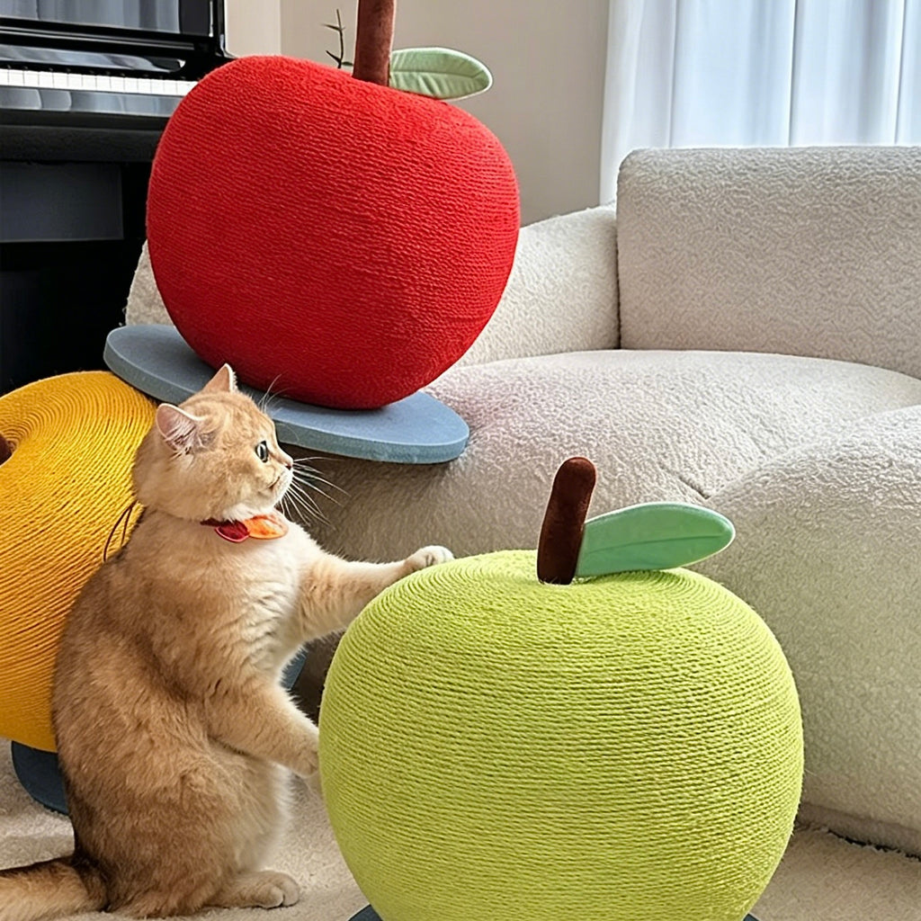 Red yellow and green apple cat scratching posts for indoor cats