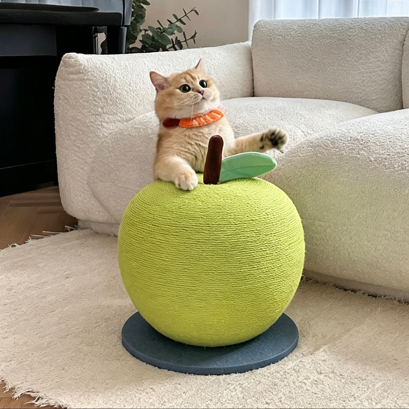 Indoor cat rubbing against an apple-shaped scratcher