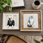 Overhead view of a half-body French bulldog portrait and a seated full-body cat portrait in two separate frames