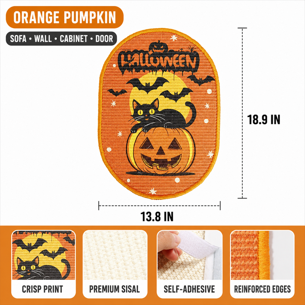 An infographic size chart for the orange pumpkin Halloween cat scratcher, showing dimensions of 18.9 inches height by 13.8 inches width, labeled for use on sofa, wall, cabinet, and door.