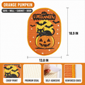 An infographic size chart for the orange pumpkin Halloween cat scratcher, showing dimensions of 18.9 inches height by 13.8 inches width, labeled for use on sofa, wall, cabinet, and door.