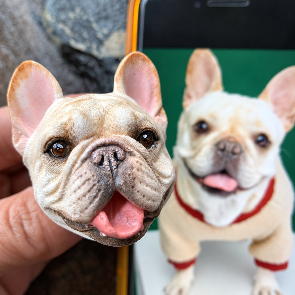 Close-up of a hand-painted French Bulldog head pendant beside the pet reference image