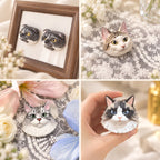 Collage showing two gray cat heads in one frame and individual painted cat portraits on lace and in a hand