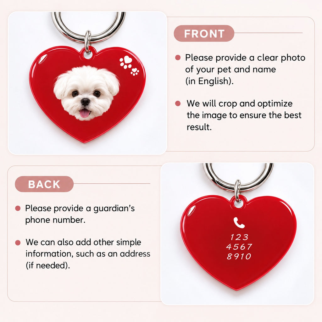 Front and back customization guide for a heart-shaped dog tag with portrait and contact information