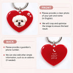 Front and back customization guide for a heart-shaped dog tag with portrait and contact information