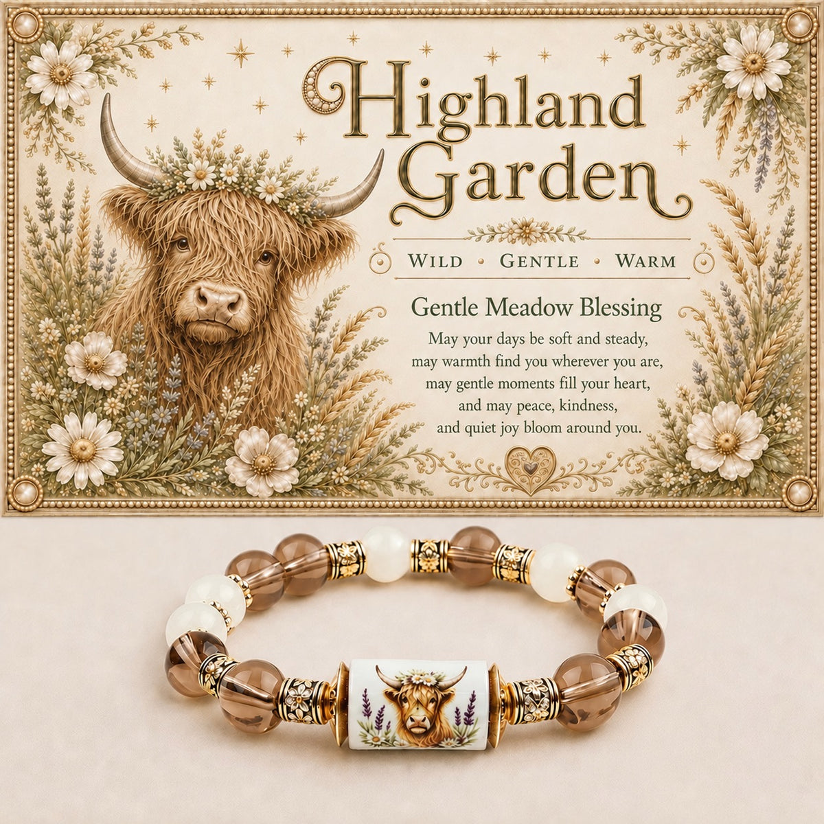 Highland cow portrait bracelet with smoky brown and white beads beneath meadow artwork