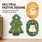 An infographic banner showing multiple festive designs of a holiday wall-mounted cat scratcher, featuring a green Christmas tree, an orange Happy Halloween ghost, and a green snowman style side-by-side on a wall.