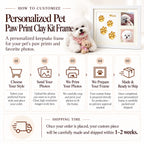Step-by-step customization process guide and 1 to 2 week shipping timeline for personalized pet paw print clay kit frame