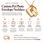 Step-by-step customization process guide and 1-2 week shipping timeline for custom pet photo envelope necklace