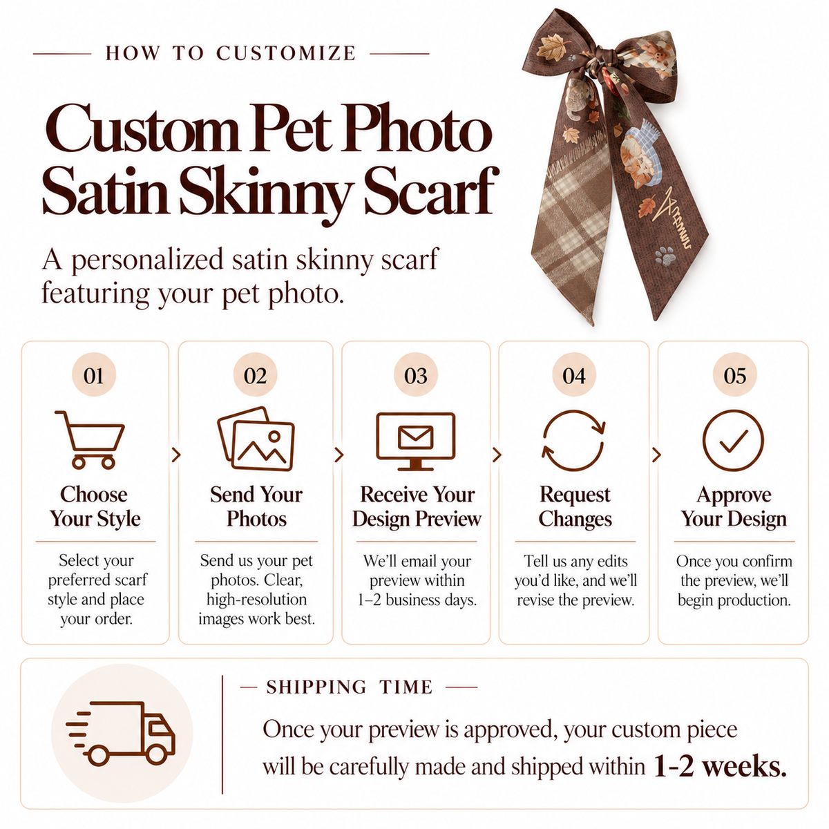 Step-by-step customization process guide and 1-2 week shipping timeline for custom pet photo satin skinny scarf