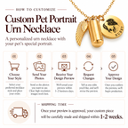 Step-by-step customization process guide and 1-2 week shipping timeline for custom pet portrait urn necklace