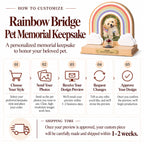Infographic showing 5 steps to customize Rainbow Bridge pet memorial keepsake: choose style, send photos, receive design preview, request changes, approve design, and 1-2 week shipping time.
