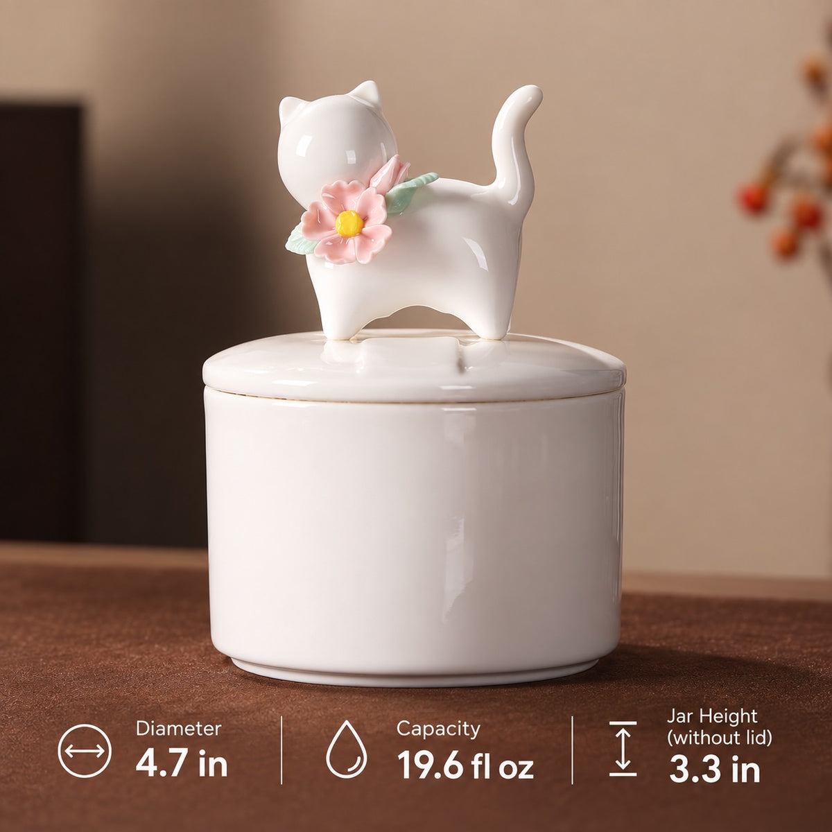 Large floral cat memorial urn size guide showing 4.7 inch diameter, 19.6 fluid ounce volume and 3.3 inch jar height