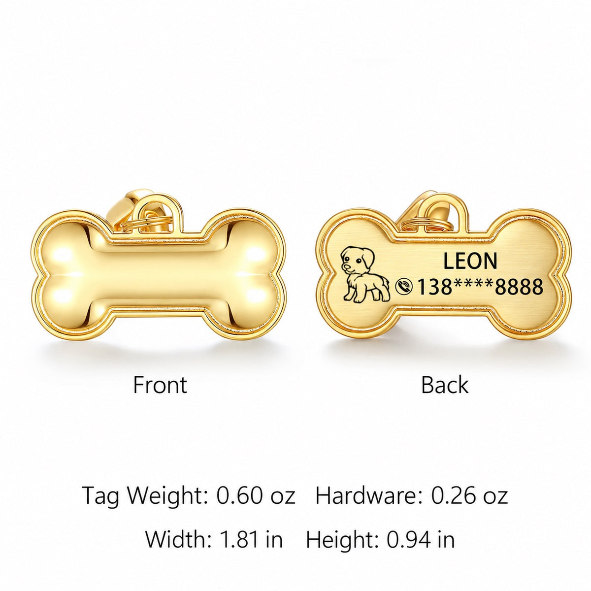 Large gold Cartoon Bone pet ID tag front and back with dog icon, name and contact number