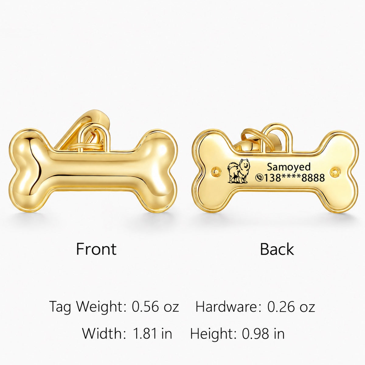 Large gold Classic Bone pet ID tag front and back with a simple dog icon and phone number