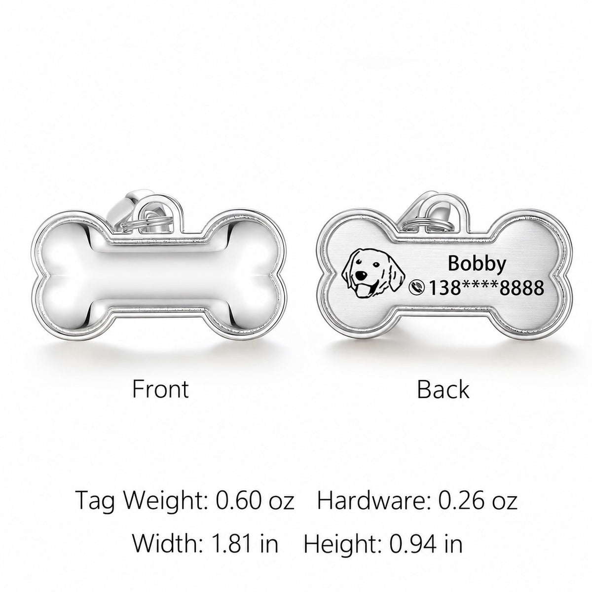 Large silver Cartoon Bone pet ID tag front and back with custom pet details
