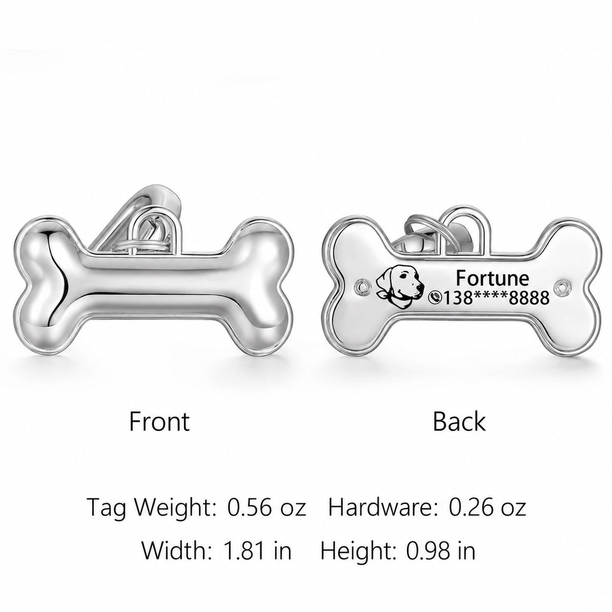 Large silver Classic Bone pet ID tag front and back with custom dog details