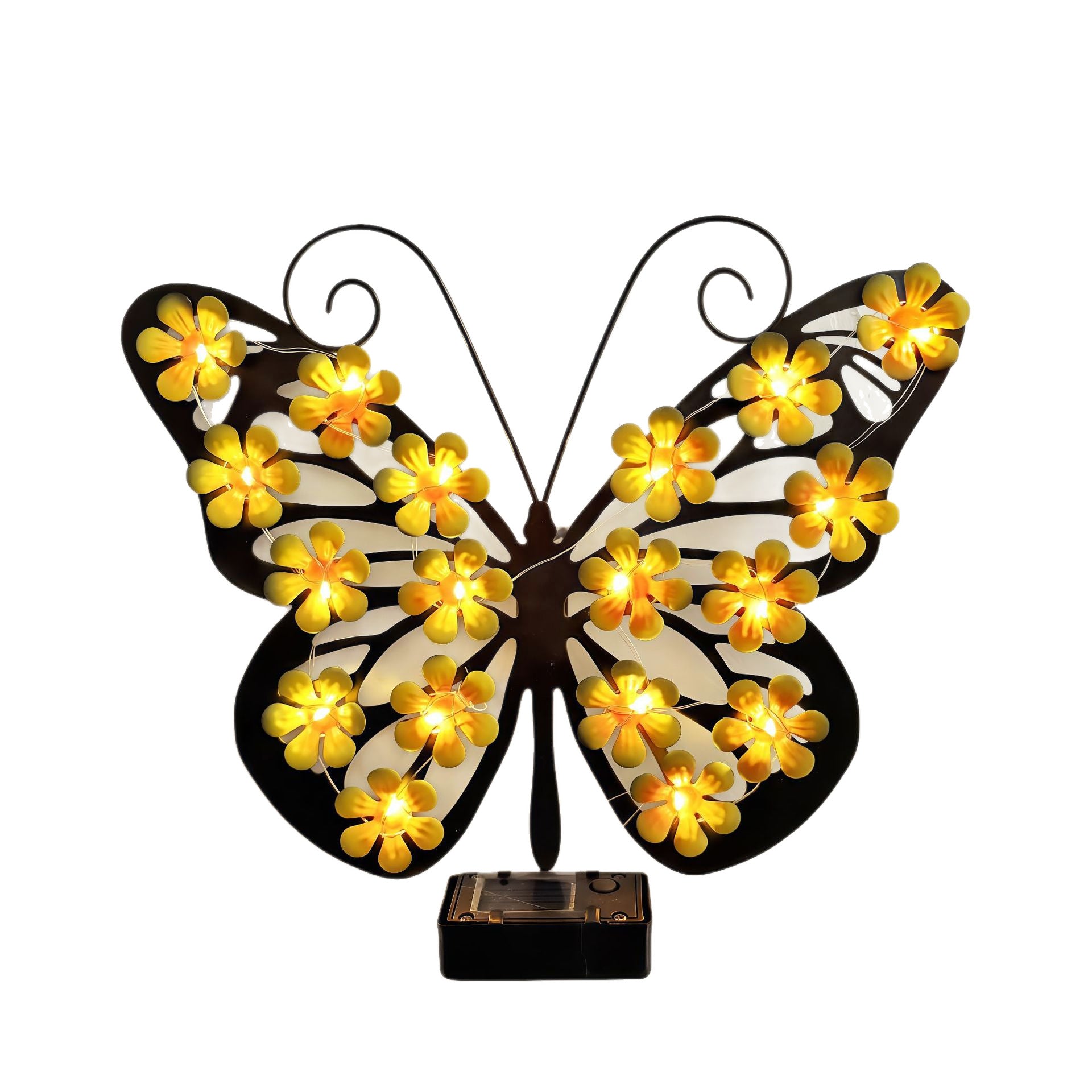 Close-up of the durable weather-resistant laser-cut metal framework and monocrystalline solar panel of the butterfly garden light.
