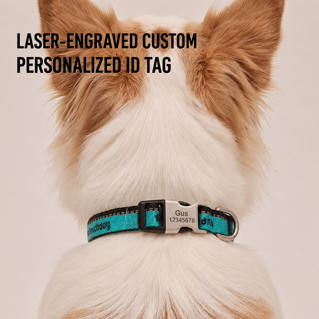 Close-up of a teal personalized dog collar with a quiet, laser-engraved metal ID tag showing a name and phone number.