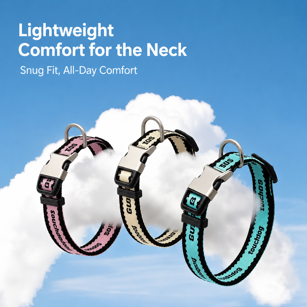 Three lightweight personalized engraved dog collars in pink, beige, and teal for snug fit and all-day comfort.
