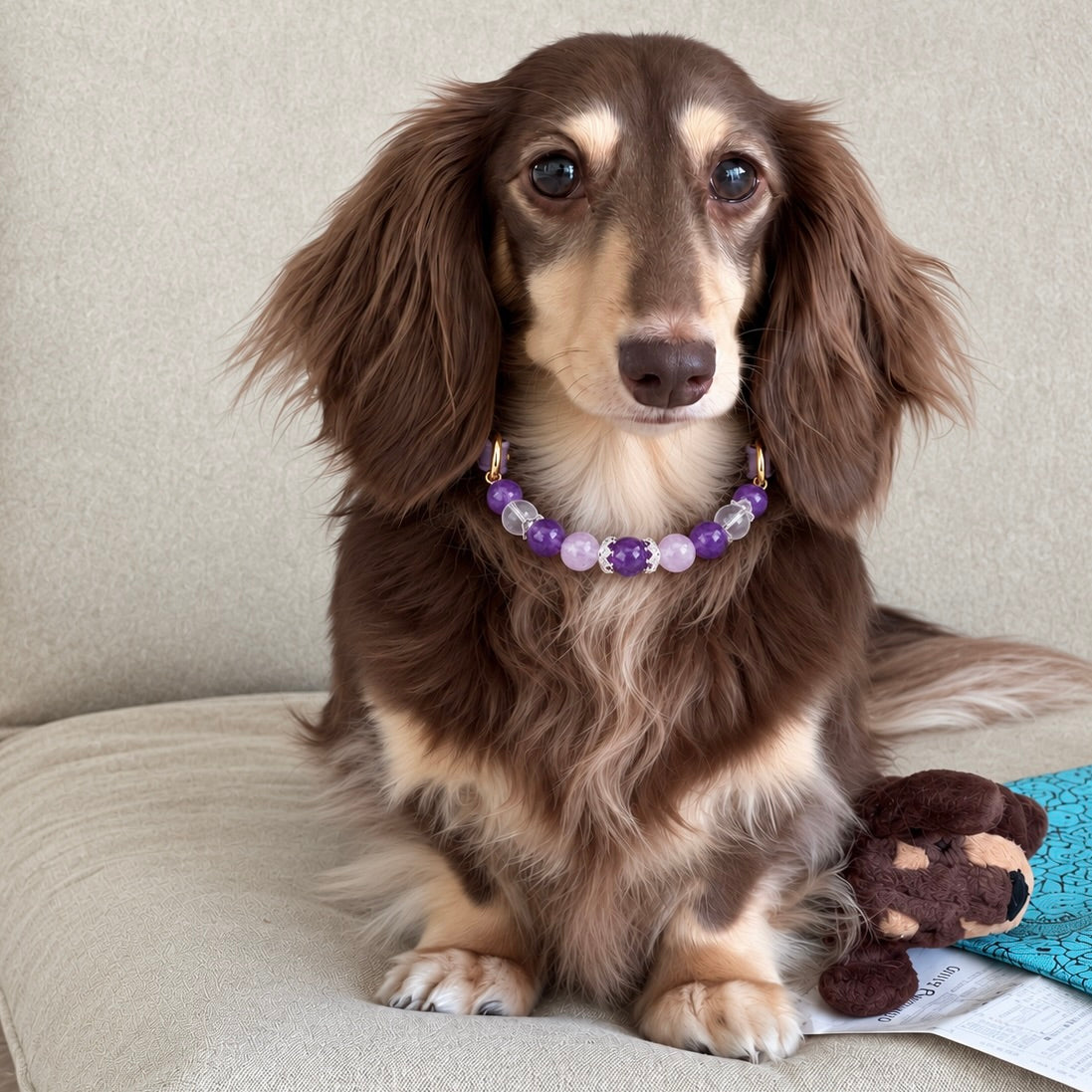 Long-haired dachshund wearing a purple gemstone crystal pet collar with gold hardware